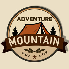 Round mountain adventure badge with camping tent and forest landscape in vintage outdoor style. Ideal for outdoor apparel, patches, travel branding, and camping gear designs.