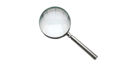 Magnifying glass in detailed close-up with clear glass and metallic handle in bright studio lighting for detective work isolated on transparent background