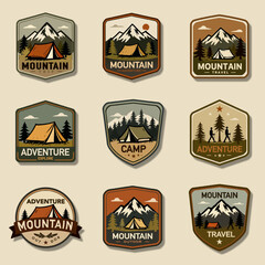 Set of nine Mountain Adventure Hiking Badge. Perfect for hiking brands, outdoor activities, adventure tourism, and travel logos.