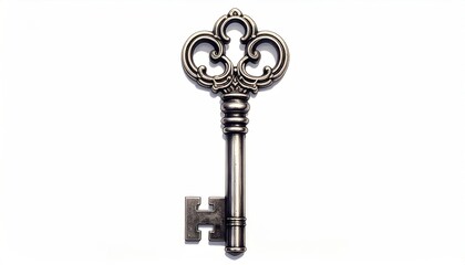 Ornamental vintage key isolated on plain white background