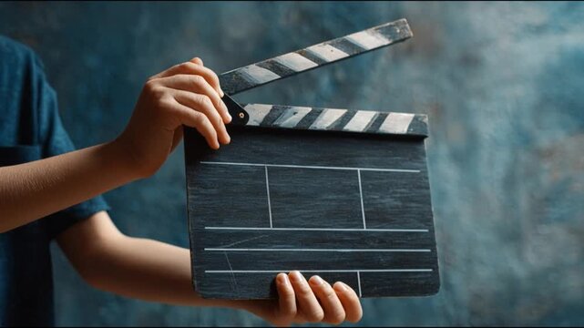 Video caption: A young filmmaker prepares to start shooting a scene using a classic clapperboard against a beautifully textured background that enhances creativity and artistry.