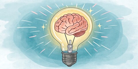 Glowing Brain Light Bulb on Icy Blue Background: Conceptual Metaphor for Cool Thinking, Clear Thinking and Innovation. With Copy Space