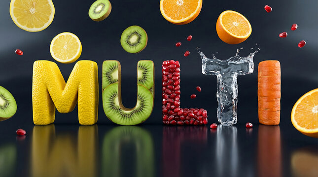 The word MULTI written in 3D letters made of different fruits and vegetables