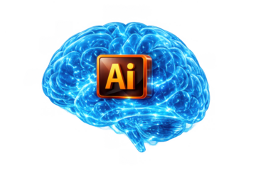 Artificial intelligence brain learning concept with digital neural network and software icon on transparent background