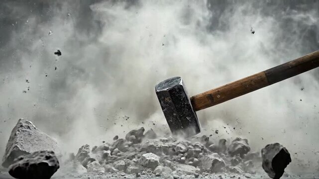 Powerful sledgehammer striking concrete blocks, creating dust and debris in a dynamic action shot.
