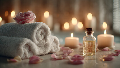 Softly lit spa setup with rolled towels, flower petals, burning candles, and essential oil bottle. This promotes calm, wellness, and therapeutic relaxation for mind and body.