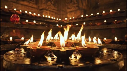 Warm Glow of Numerous Clay Oil Lamps Illuminating an Ancient Temple Interior with Intricate Carvings and Soft Ambient Light Creating a Serene and Spiritual Atmosphere