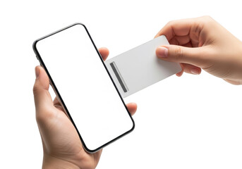 Hand holding smartphone and inserting card isolated on transparent background