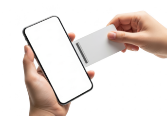 Hand holding smartphone and inserting card isolated on transparent background