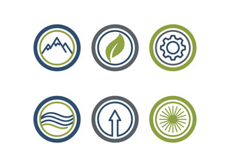 Set of circular icons with nature and technology motifs