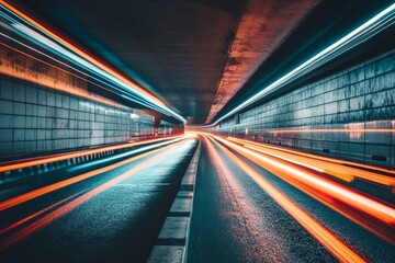 Vibrant light trails in modern tunnel. AI image