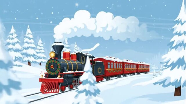 A Vintage Christmas Train Travels Through Snowy Winter Forest
