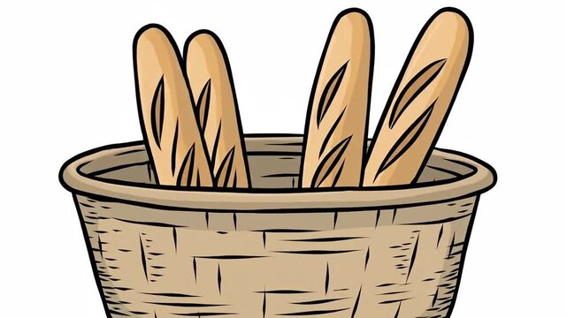Illustration of a basket filled with freshly baked baguettes, perfect for breakfast.