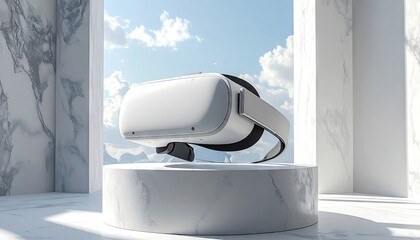 VR headset levitating on marble pedestal in a sunlit architectural space with blue sky backdrop.