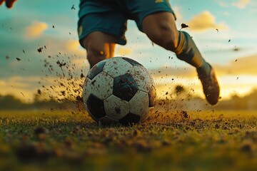 Dynamic soccer kick on field during sunset. AI image