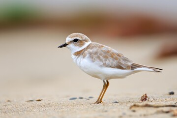Small bird walking on sandy shore near water during daylight hours