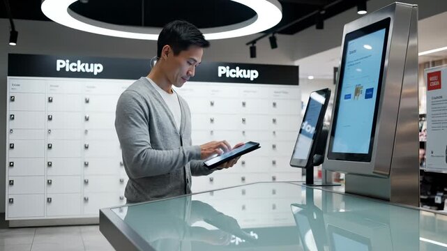 Man uses tablet at pickup locker kiosk for order collection. Customer at retail store pickup area with tablet. Man collects order at kiosk. Self-service pickup locker with digital screen display.