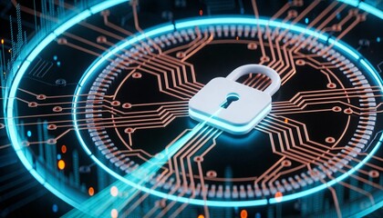 Secure digital padlock on futuristic circuit network background, representing cybersecurity protection, encrypted data systems, online privacy and advanced information security technology