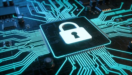 Secure digital padlock on futuristic circuit network background, representing cybersecurity protection, encrypted data systems, online privacy and advanced information security technology