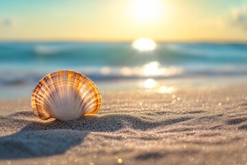 Seashell on sandy beach at sunrise with soft ocean waves. AI image