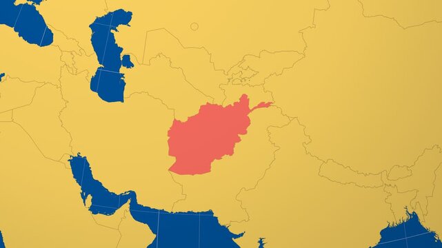 Afghanistan on Globe. Animated zoom into the country in Ocean Blue Golden Yellow color palette. Afghanistan logo animation. Map with meridians, parallels. Charming video.