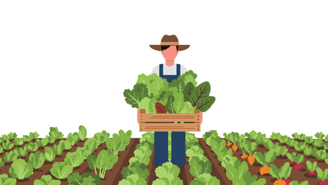 A diligent farmer stands in a vibrant field, proudly holding a wooden crate overflowing with freshly harvested leafy greens, representing sustainable agriculture.