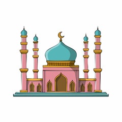 Vibrant pink mosque with turquoise dome and minarets