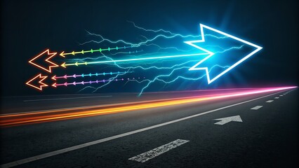 Colorful neon arrows pointing left on a dark road, vibrant light trails creating a dynamic and modern effect.
