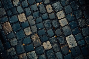 Cobblestone street close-up with moody lighting. AI image