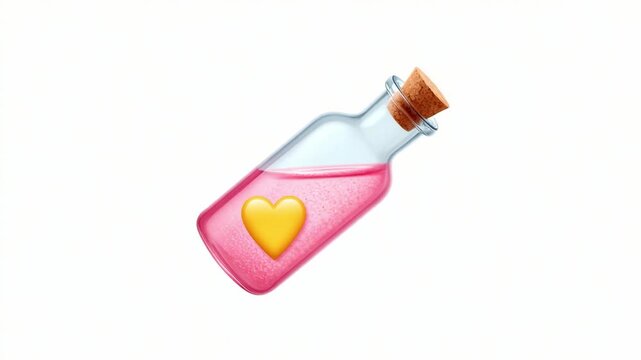 This magical potion bottle gleams with a pink liquid, featuring a charming yellow heart, symbolizing love and affection in an enchanting, whimsical design that captivates hearts.