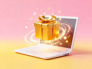 Futuristic 3D golden gift box with glowing sparkles levitating from a white laptop screen on a pink and yellow background.