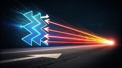 Colorful neon arrows pointing left on a dark road, vibrant light trails creating a dynamic and modern effect.
