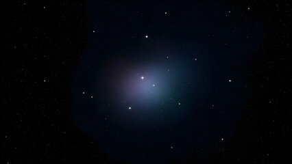 A stunning view of a distant star cluster surrounded by a soft, glowing purple and blue nebula in the vast darkness of outer space