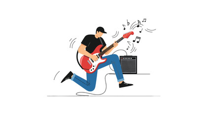 Energetic illustration of a male rock guitarist jumping and playing an electric guitar, with musical notes radiating from his amplifier.