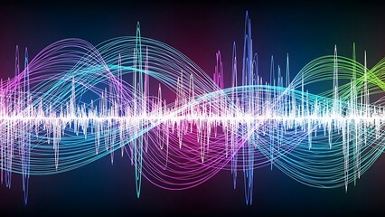 A vibrant sound wave graphic with colorful lines and a dark background