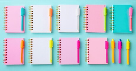 Colorful spiral notebooks, pens arranged neatly. Bright pastel shades dominate composition, flat lay style. Simple stationery items.