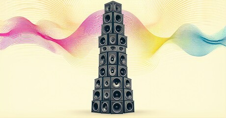 Stacked speakers create tower. Colorful soundwaves radiate from central structure. Bright background enhances visual impact.
