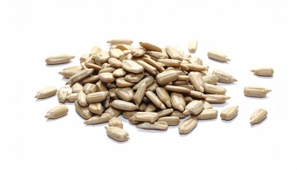 Shelled seeds arranged in a pile on a bright white surface, studio shot