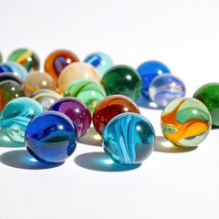 and keyword list

 Assorted marbles in various colors scattered on a white surface, close-up shot