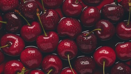 Macro shot of fresh dark red cherries with glistening water droplets on a moody background
