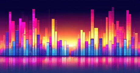 Vibrant cityscape resembles equalizer bars. Colorful gradients create dynamic visual effect. Modern design, digital illustration.