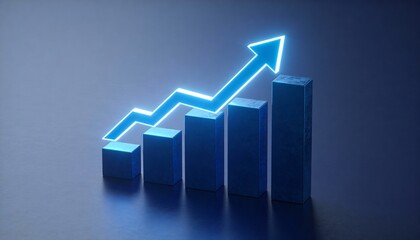 Upward glowing arrow chart on blue background representing financial growth, business success, market performance, investment strategy and positive economic trend visualization