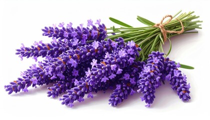 Fresh lavender bouquet tied with twine against white background