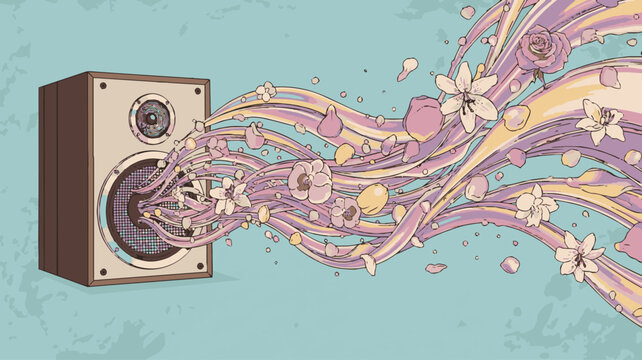 Retro Speaker Sound Waves Flat Vector Illustration Synesthesia Mascot generative ai