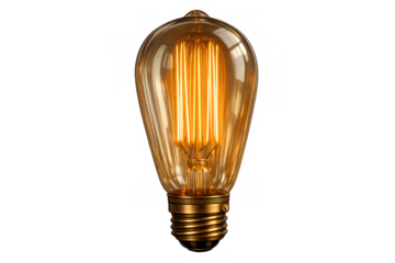 Vintage edison light bulb glowing with electric filament, sparking innovation and bright ideas on transparent background