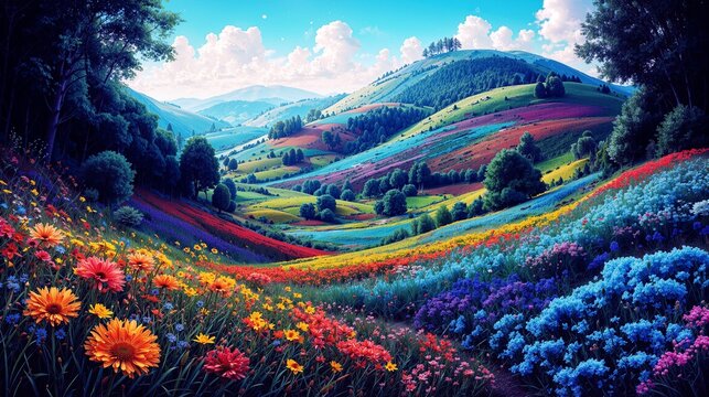 Vibrant flowers blooming on rolling hills, colorful meadow landscape, lush green valley under a bright sky
