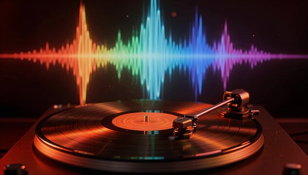 Turntable playing vinyl record with vibrant audio equalizer, retro sound music turntable vinyl, equalizer.