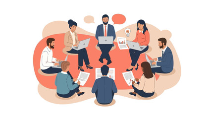 Diverse team in a circular meeting discussing ideas and plans, brainstorming session