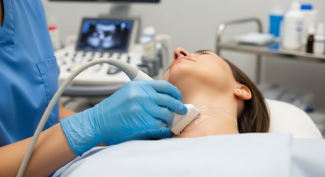 Medical professional performing ultrasound examination on a patient's neck in a clinical setting
