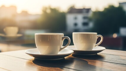 Obraz premium Two white coffee cups resting on a wooden table outdoors with a blurred background during a sunny morning